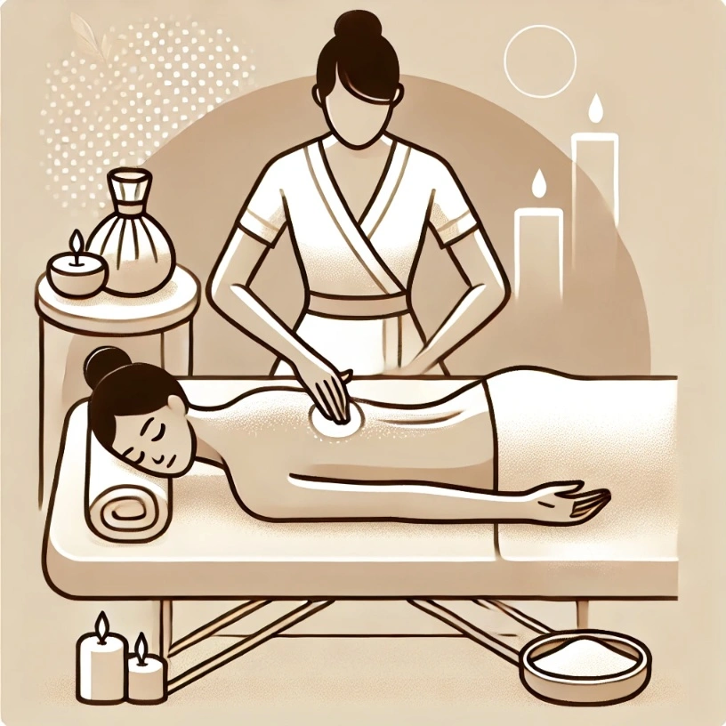 Ilustrasi terapis profesional memberikan layanan lulur spa panggilan di Jogja dengan perawatan eksfoliasi alami untuk kulit lebih sehat dan bercahaya