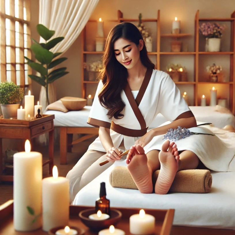 Terapis refleksi massage panggilan profesional memberikan layanan refleksi di kaki untuk membantu melancarkan peredaran darah, meredakan stres, dan meningkatkan kesehatan tubuh.