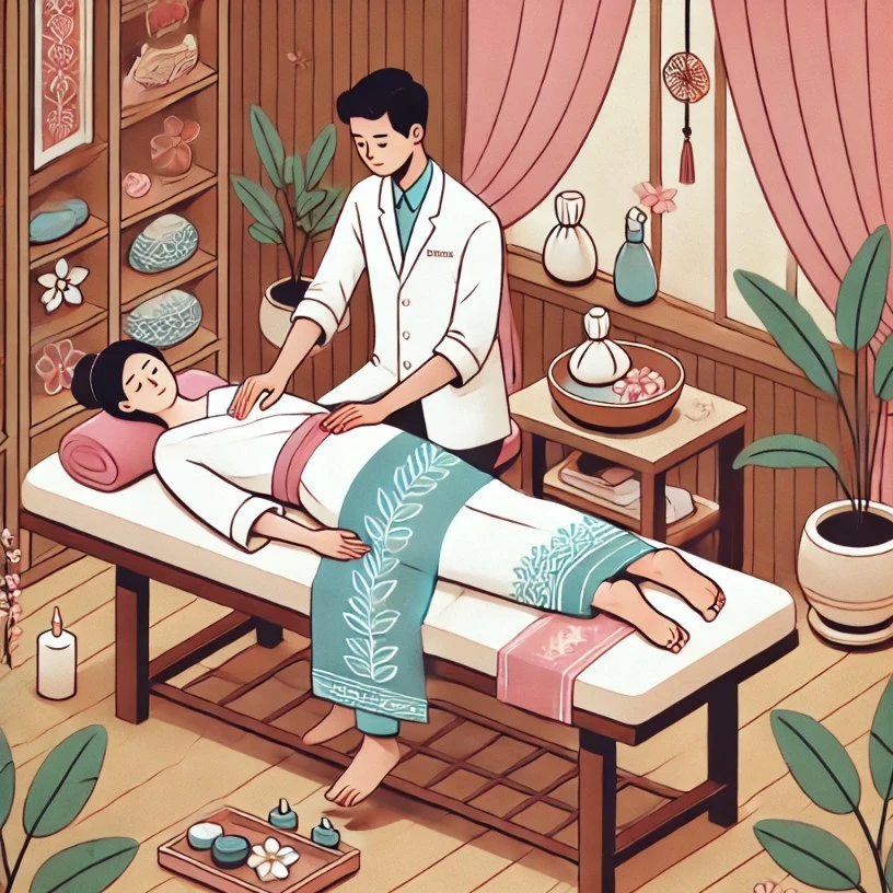 Ilustrasi terapis profesional sedang melakukan layanan tradisional full body nassage di Jogja di tempat customer